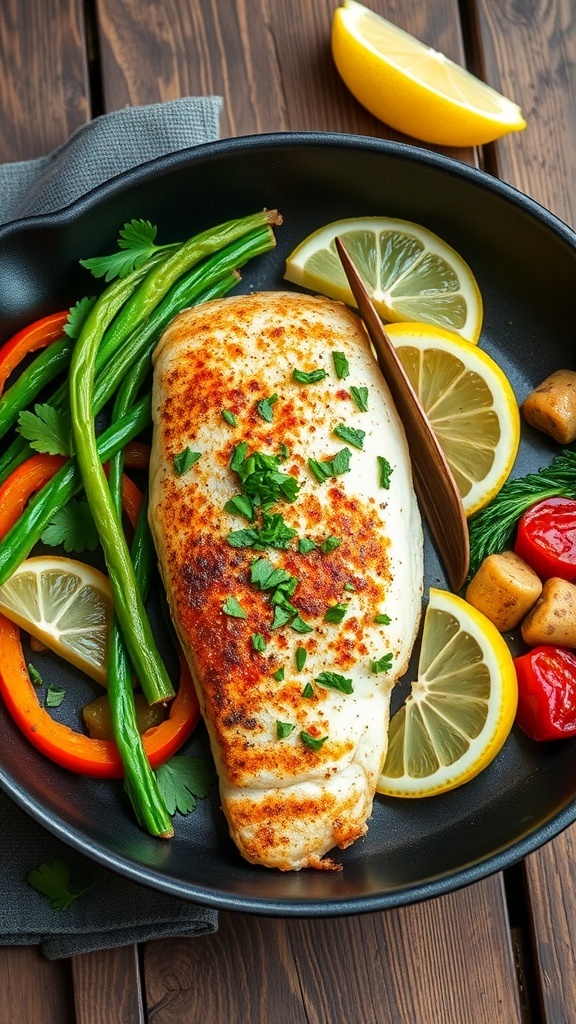 Pan-seared tilapia fillet garnished with parsley and lemon, served with sautéed vegetables on a rustic table.